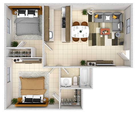 3d floor plan of a house with bedrooms and a living room